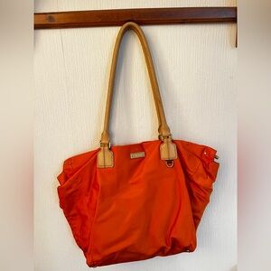 Tumi Vibrant Orange Nylon Tote with Tan Handles